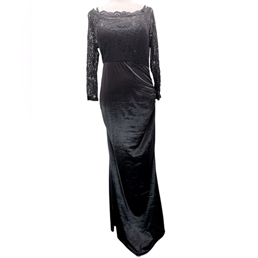 Black Full Length Maxi Dress Lace Top Off Shoulder Whimsigoth Formal Dark Fairy